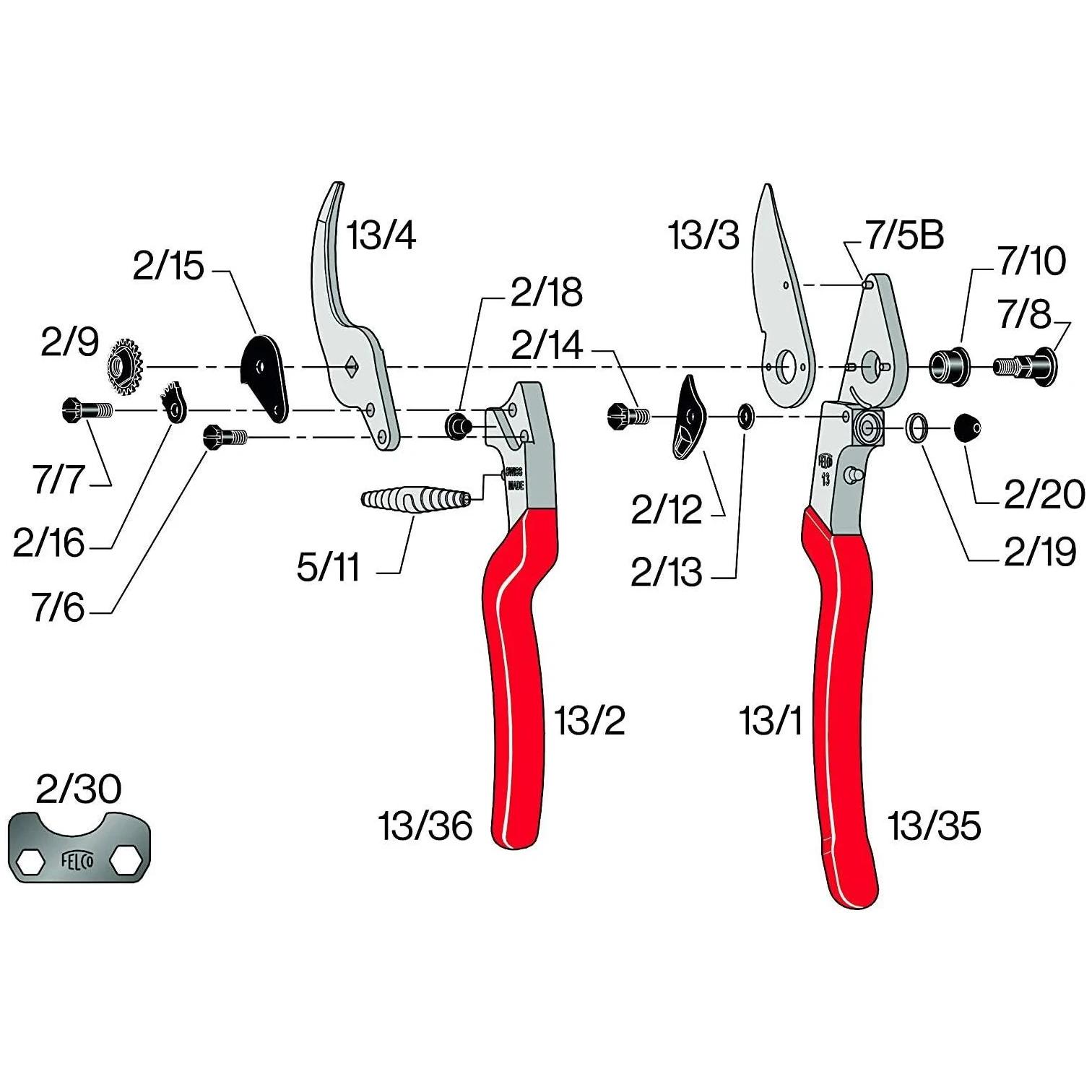 Sécateur Felco 13, détail des pièces détachées disponibles