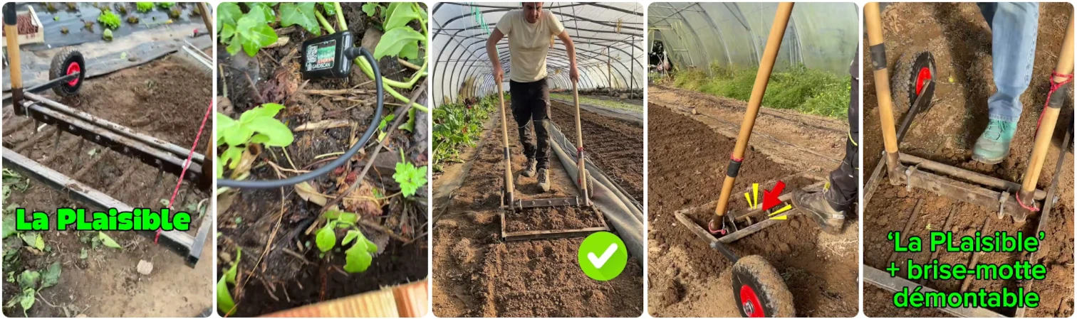Visionnez les vidéos de présentation de la grelinette La PLaisible + brise-motte sur notre chaîne YouTube.